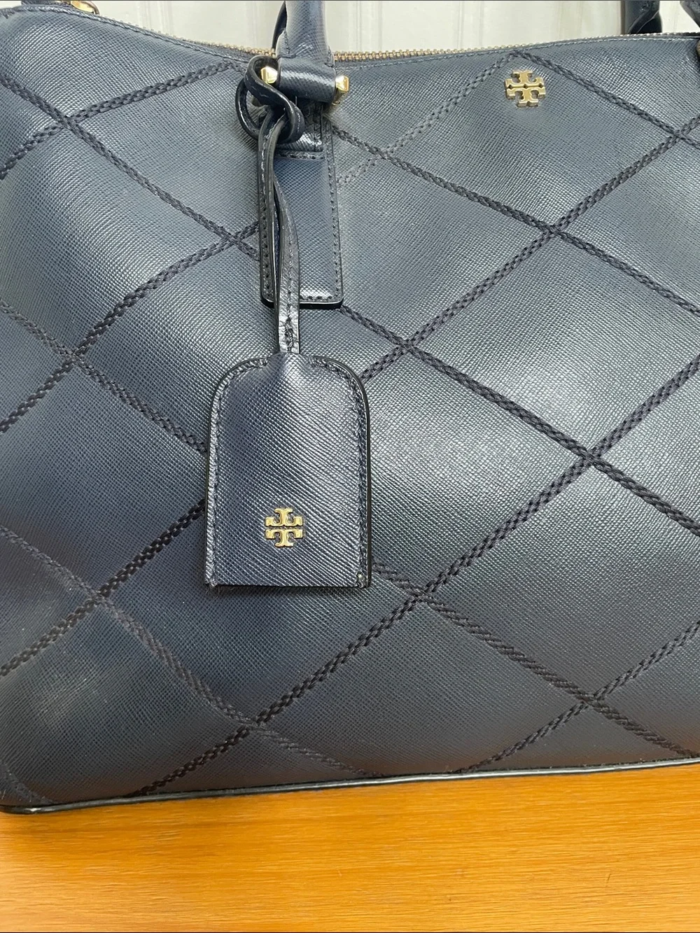 Tory Burch Quilted Navy Leather Top-Handle Satchel with Gold Hardware